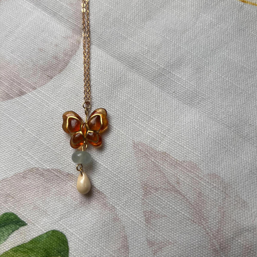 Amber Blue Jade Beige Czech Glass Acrylic Butterfly Necklace, Cute Fun Jewelry - Picture 5 of 7